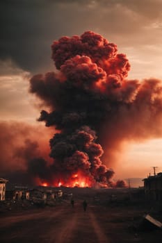 A large and ominous plume of smoke fills the sky, rising high above the horizon.