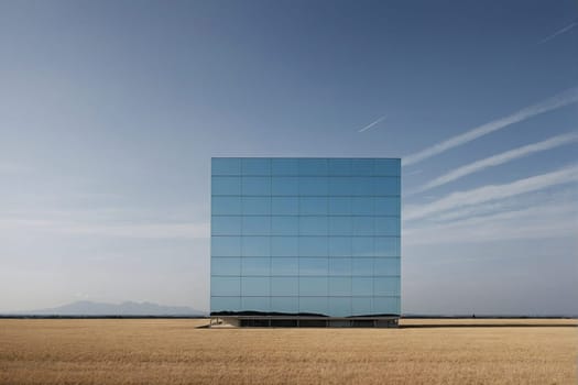 A photo of a massive blue building situated in the center of an open field.
