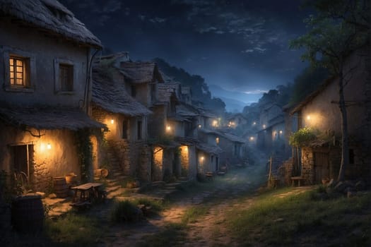 This photo depicts a detailed painting of a village nestled under a moonlit sky, showcasing the unique architecture and street life.