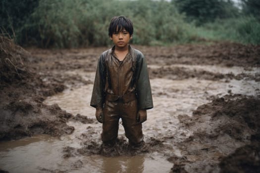 A young boy is seen standing in a muddy field, surrounded by wet earth and dirt.