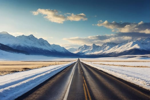 A wintry scene showcasing a road covered in snow, with majestic mountains towering in the background.