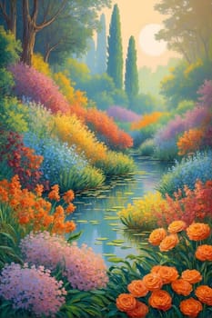 A vibrant painting showcasing a river flowing through a scenic landscape with an abundance of colorful flowers.