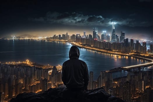 A person is sitting on top of a hill, enjoying the view of a city below.