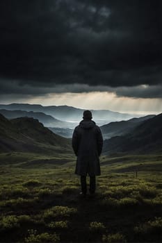 A person stands in a field, surrounded by cloudy skies, creating a dramatic and moody atmosphere.