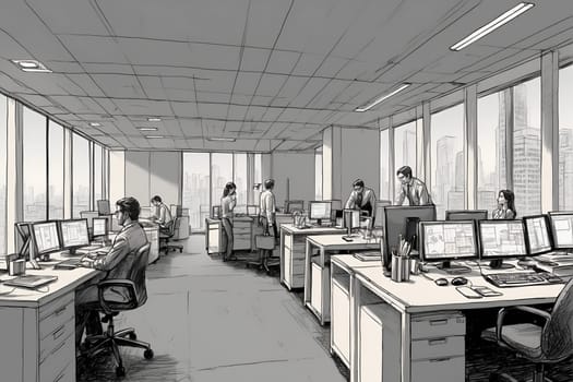 A detailed drawing that depicts a group of individuals engaged in various office tasks, such as typing on computers, making phone calls, discussing documents, and organizing paperwork.