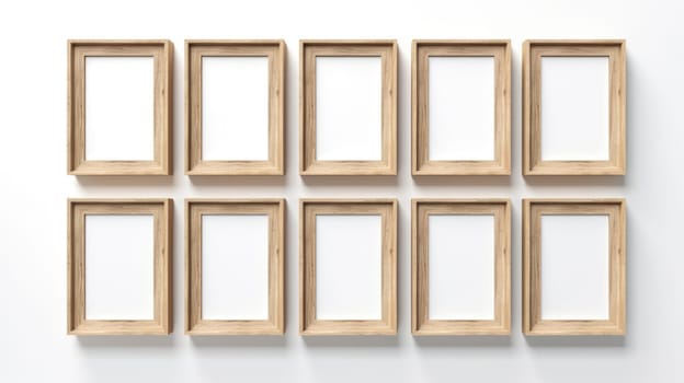 wood photo art frame set on white wall, ai