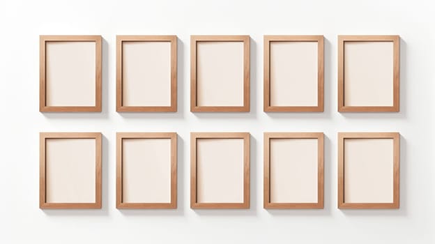wood photo art frame set on white wall, ai