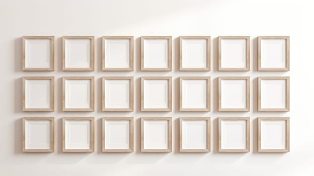 wood photo art frame set on white wall, ai