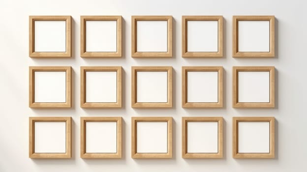 wood photo art frame set on white wall, ai