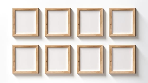 wood photo art frame set on white wall, ai