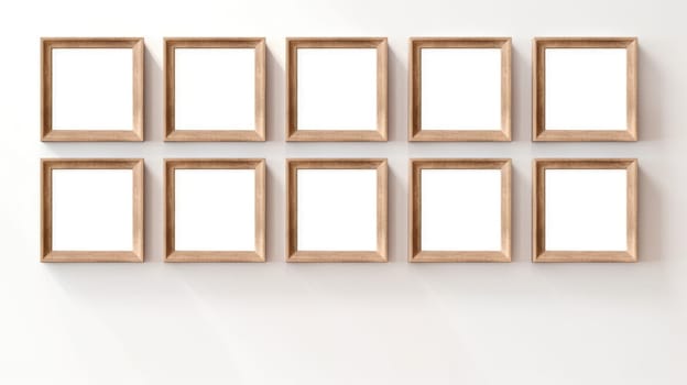 wood photo art frame set on white wall, ai