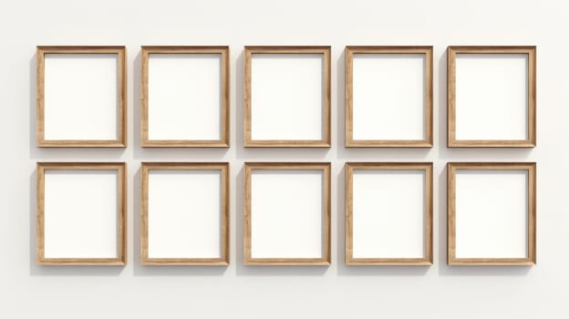 wood photo art frame set on white wall, ai