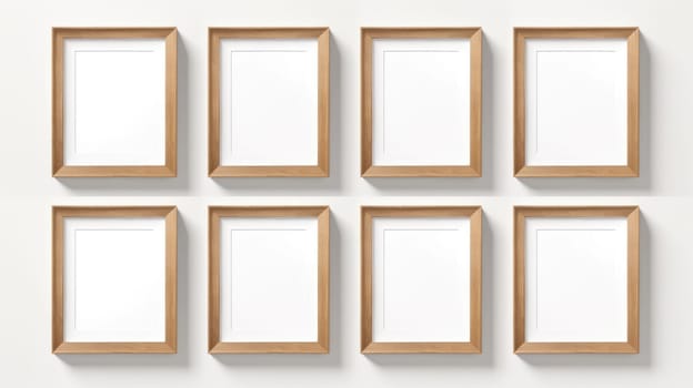 wood photo art frame set on white wall, ai