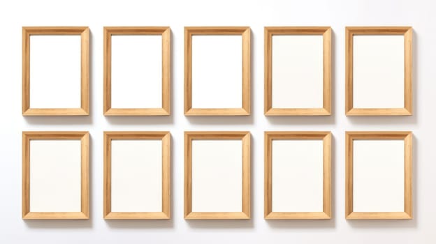 wood photo art frame set on white wall, ai