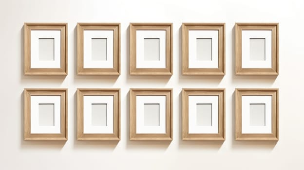 wood photo art frame set on white wall, ai