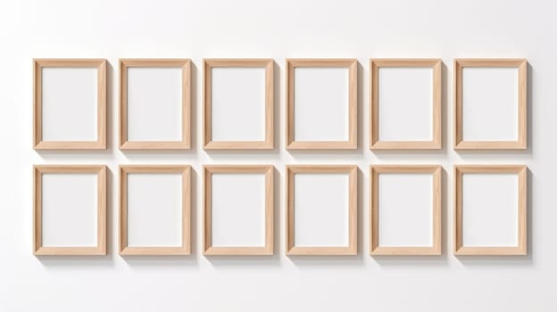 wood photo art frame set on white wall, ai