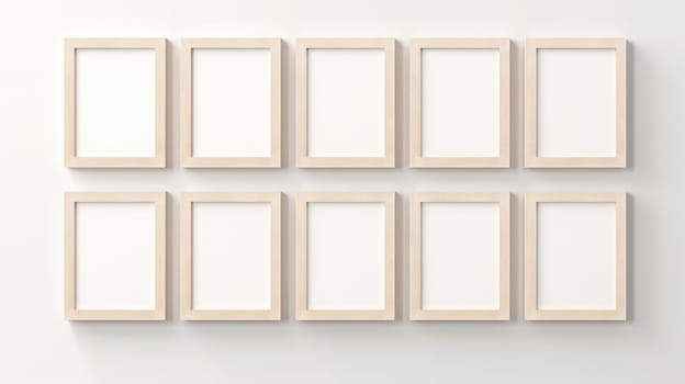 wood photo art frame set on white wall, ai