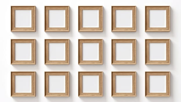 wood photo art frame set on white wall, ai