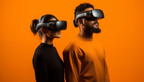 Man and woman wearing VR glasses. High quality photo