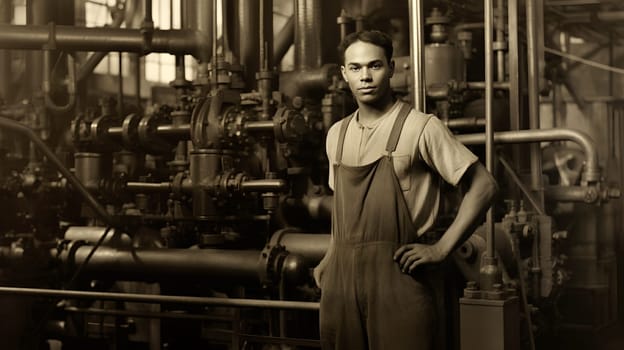 Vintage image of a young man in overalls standing in front of a machine - Generative AI