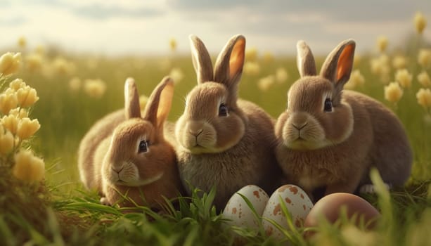 Three adorable bunnies nestled among Easter eggs and spring flowers