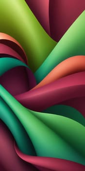 A gradient wallpaper with Twisted shapes using maroon and green colors. Generative AI.