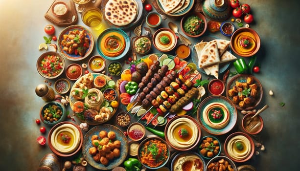 Vibrant Middle Eastern Feast with Kebabs, Hummus, and Tabbouleh for Cultural Food Photography. High quality illustration