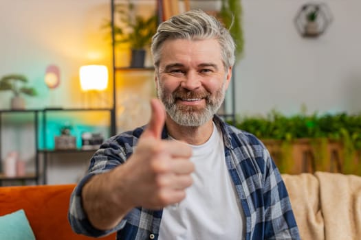 Like. Happy excited Caucasian senior man looking at camera and showing thumbs up sign positive great news positive feedback. Bearded mature old guy sitting arms crossed on sofa in living room at home.