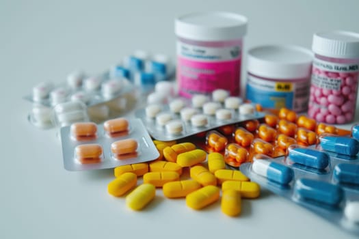 Pile of colorful medicine pills and capsules in blister packs. Generative AI.