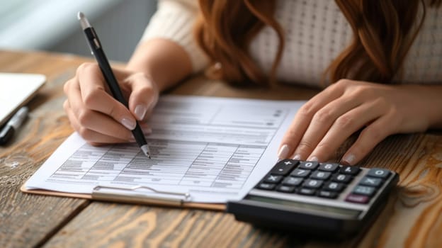 Partial view of woman filling in bankruptcy form and using calculator on wooden. Generative AI.