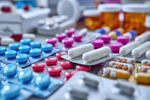 Pile of colorful medicine pills and capsules in blister packs. Generative AI.