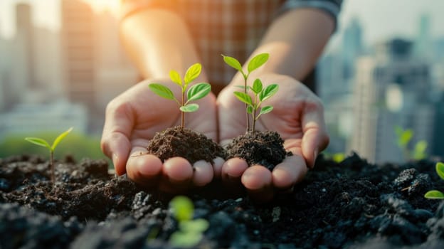 Hands holding small saplings growing, with a city and industries in the background. Generative AI.