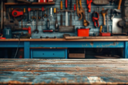 The table with garage tool background. Generative AI.