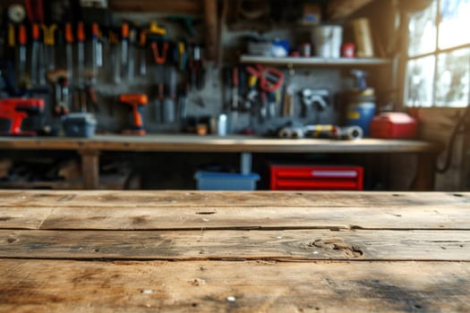 The table with garage tool background. Generative AI.