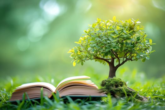 Tree with book leaves symbolizing growth through reading. Generative AI.