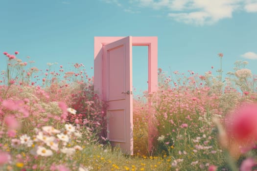 Door in field landscape at day, concept of new goals and progress. Generative AI.