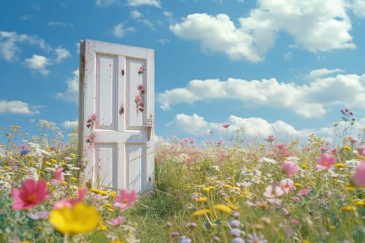 Door in field landscape at day, concept of new goals and progress. Generative AI.
