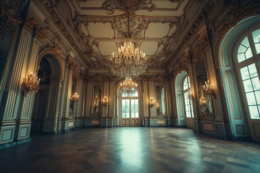 An Antique Ballroom with Crystal Chandeliers and Ornate decor. Generative AI.