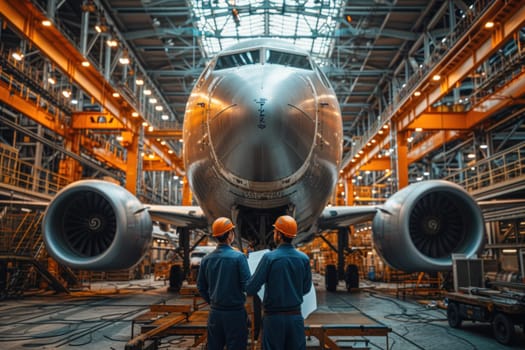 Engineers stand holding blueprints and discussing design details in an airplane. Generative AI.