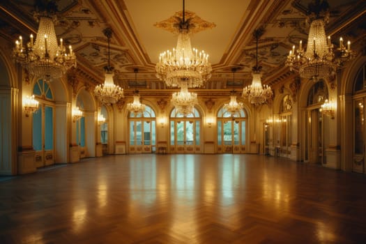 An Antique Ballroom with Crystal Chandeliers and Ornate decor. Generative AI.