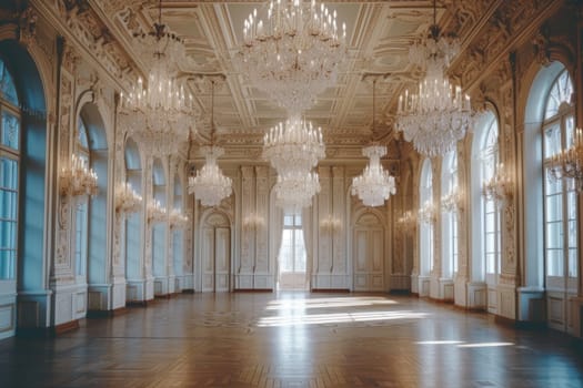 An Antique Ballroom with Crystal Chandeliers and Ornate decor. Generative AI.