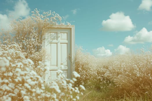 Door in field landscape at day, concept of new goals and progress. Generative AI.