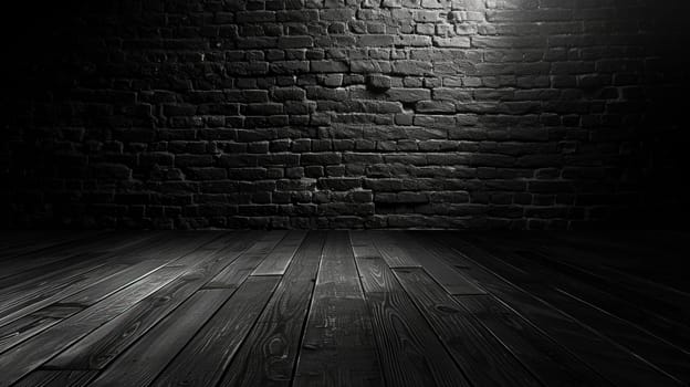Dark brick wall and wooden floor in an empty room, in the style of minimalist. Generative AI.