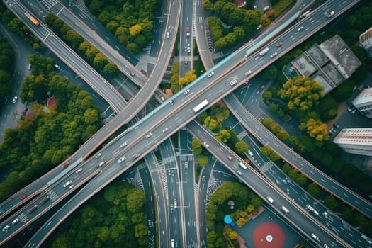 Shot of aerial capture of a highway interchange with a central railway line. Generative AI.