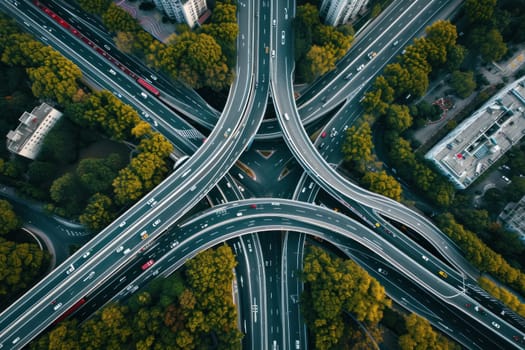 Shot of aerial capture of a highway interchange with a central railway line. Generative AI.