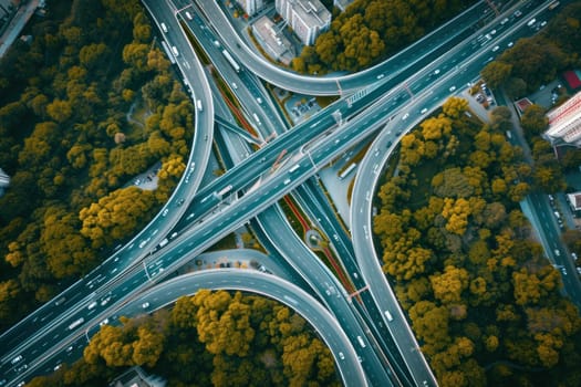 Shot of aerial capture of a highway interchange with a central railway line. Generative AI.