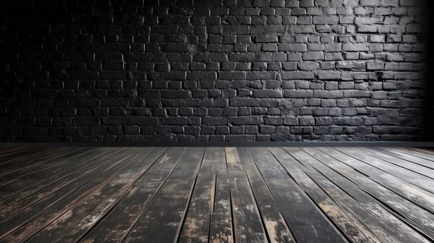 Dark brick wall and wooden floor in an empty room, in the style of minimalist. Generative AI.