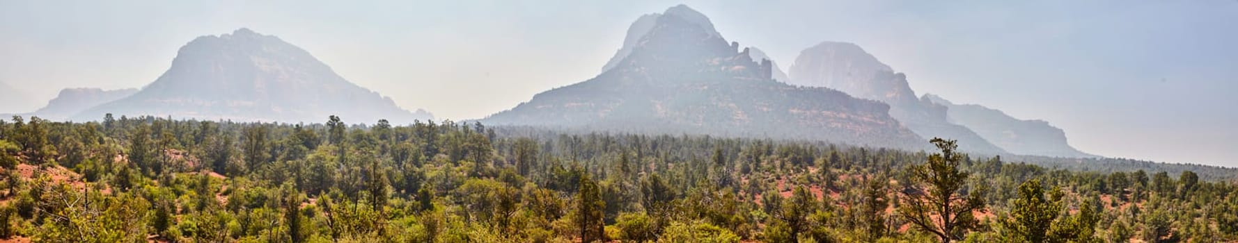 Panoramic daytime view of Arizona's Sedona red rock mountains towering over lush evergreen forest in 2016