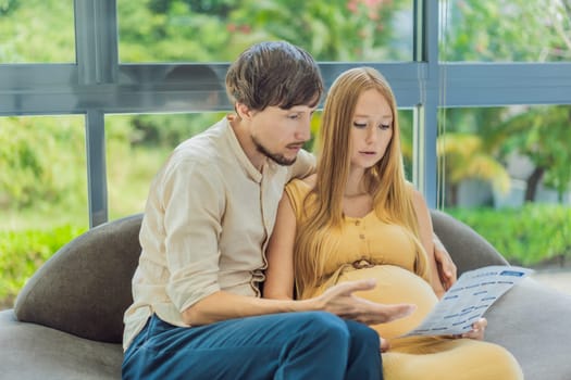 Expectant couple reviews blood test results, navigating pregnancy together with concern and anticipation.