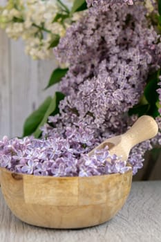 Wooden Bowl with wooden spoon of fresh purple lilac petals with branch of blooming lilac. Lilac flowers fragrance. Concept for spa wellness and aromatherapy. Copy space Still life composition springtime. Wallpaper for greeting card, postcard